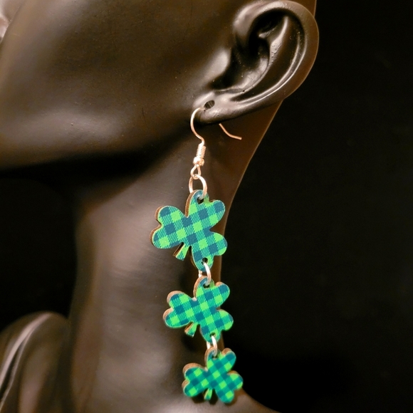 2/$20 Wood St. Patrick's Day Plaid Clover Dangle Earrings - Picture 3 of 4
